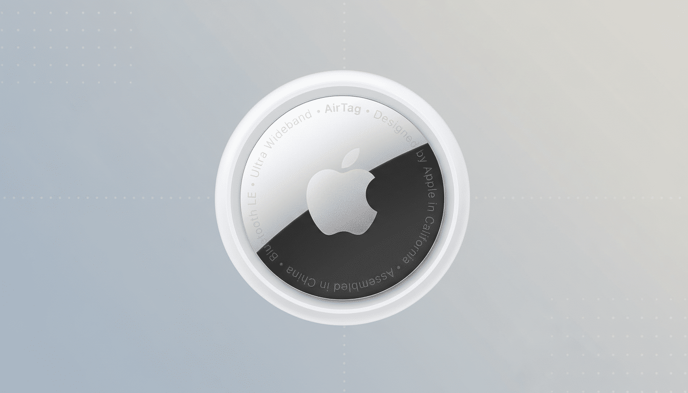 An Apple AirTag with a white border and a silver and black center featuring the Apple logo, set against a professional flat design background with soft patterns and gradients.
