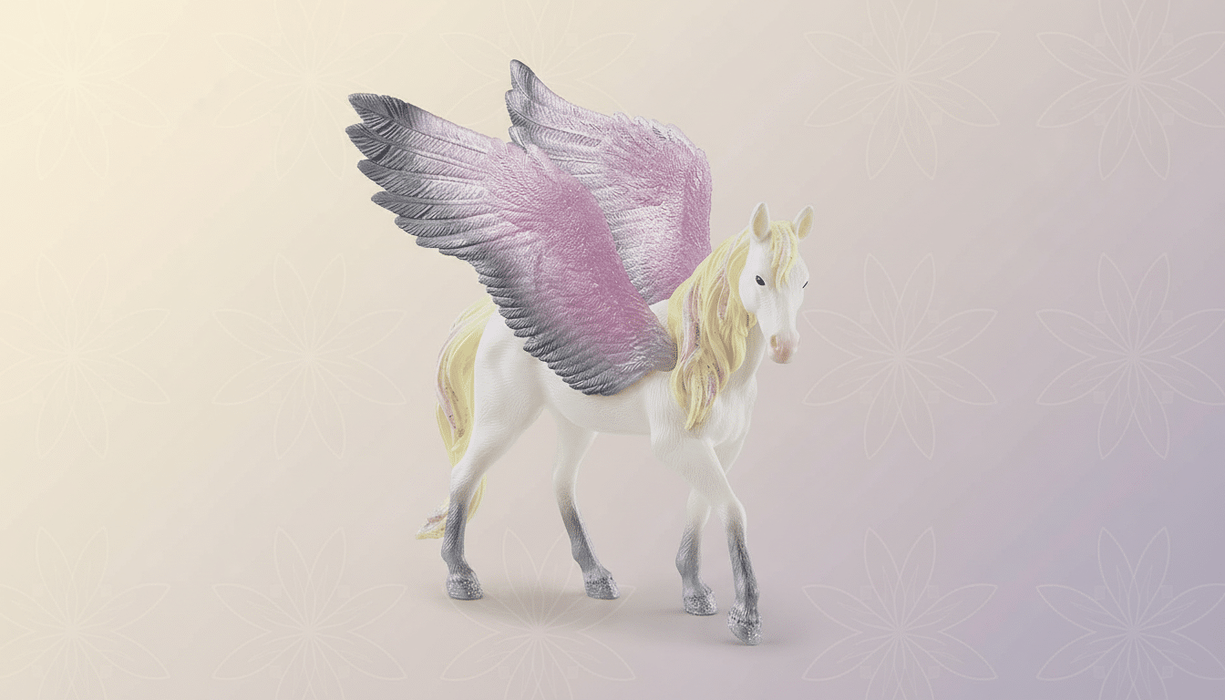A white Pegasus toy with pink and gray wings, standing on a soft gradient background with subtle floral patterns.
