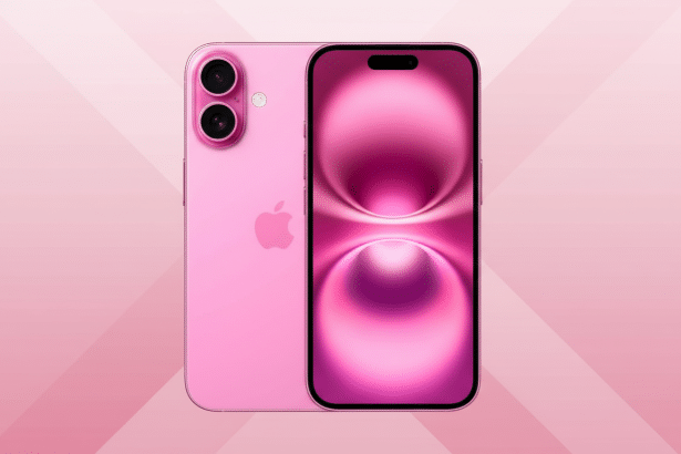 A pink iPhone 15, with its front and back visible, set against a pink background with subtle diagonal stripe patterns.