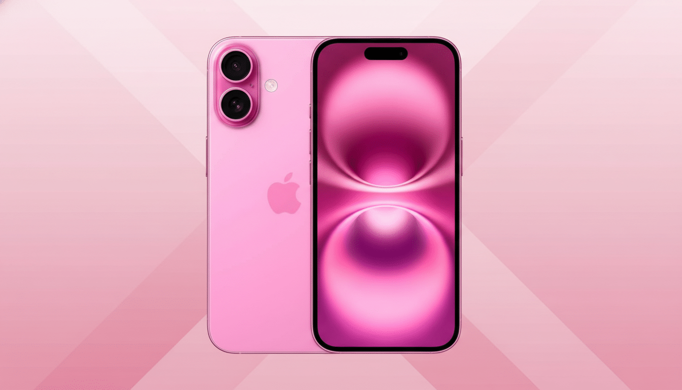 A pink iPhone 15, with its front and back visible, set against a pink background with subtle diagonal stripe patterns.