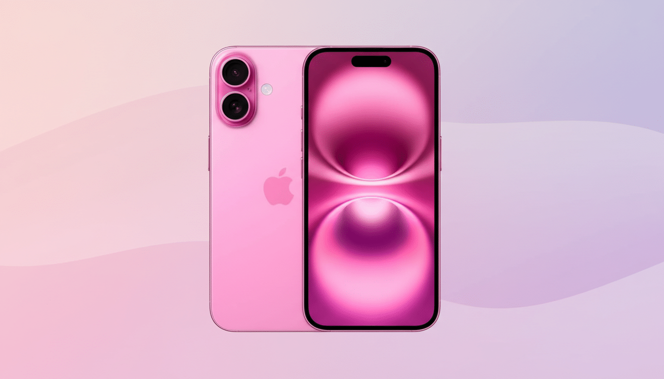 A pink iPhone 15, with its front and back visible, set against a professional flat design background with soft pink and purple gradients and subtle wave patterns.