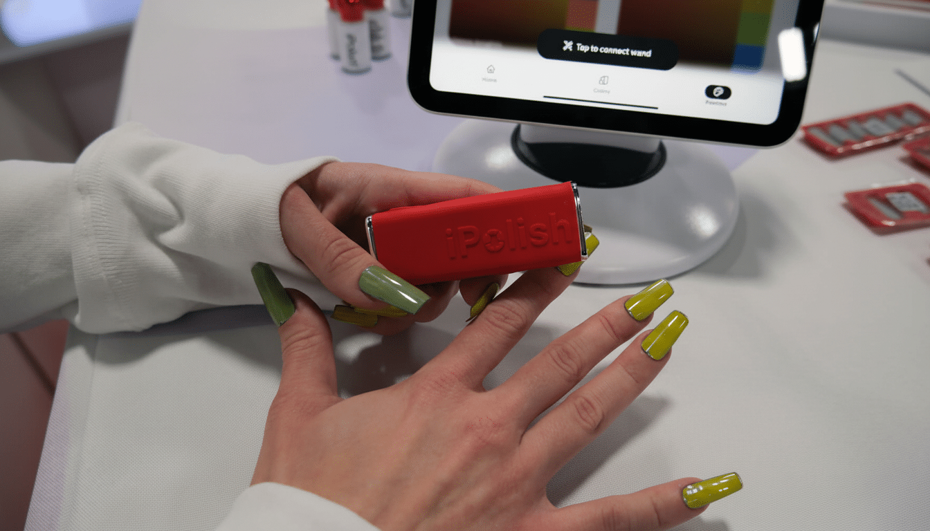 A persons hands, one holding a red iPolish device, with long green and yellow painted nails, in front of a tablet displaying a nail polish app.