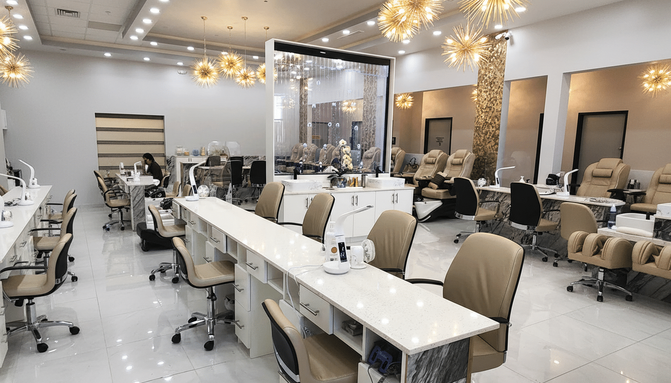 A professionally enhanced image of a nail salon interior, resized to a 16:9 aspect ratio, featuring multiple manicure stations with white countertops and beige chairs, and pedicure stations in the background.