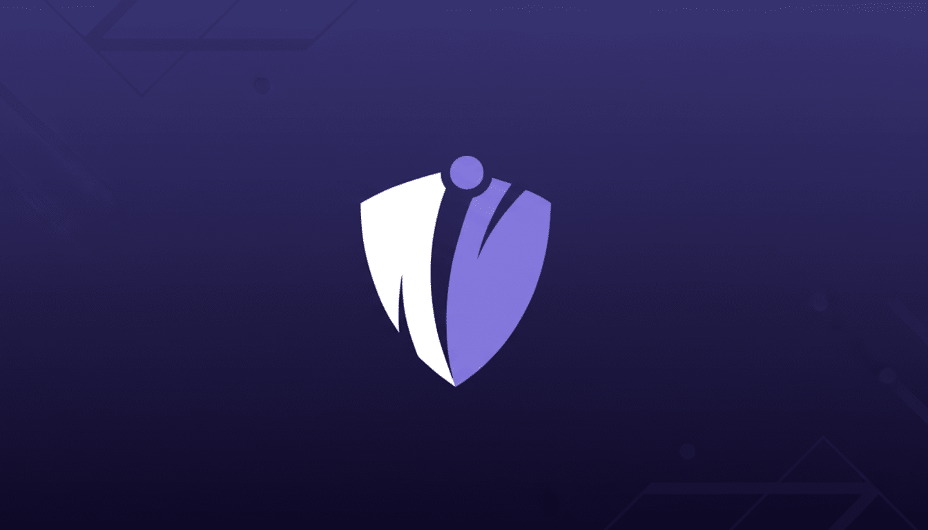 A professional 16:9 image featuring a shield-like logo with a white left half and a light purple right half, topped by a small purple circle, set against a dark purple background with subtle geometric patterns.