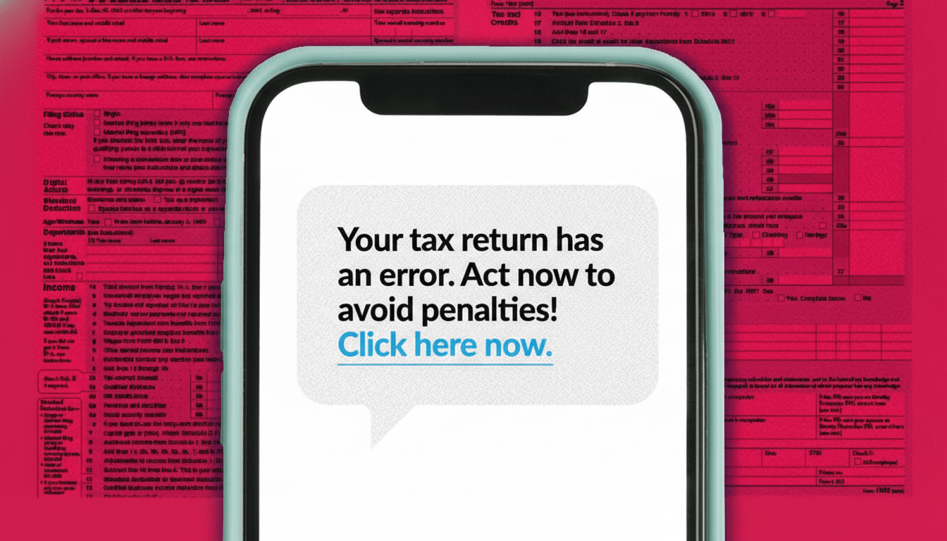 A smartphone displaying a tax error message, with a tax return form in the background.