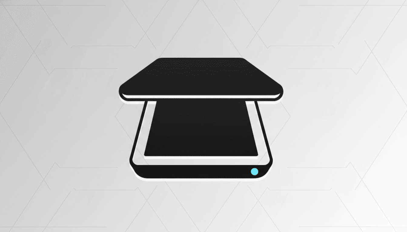 A black and white scanner icon with a blue light, set against a professional flat design background with soft geometric patterns.