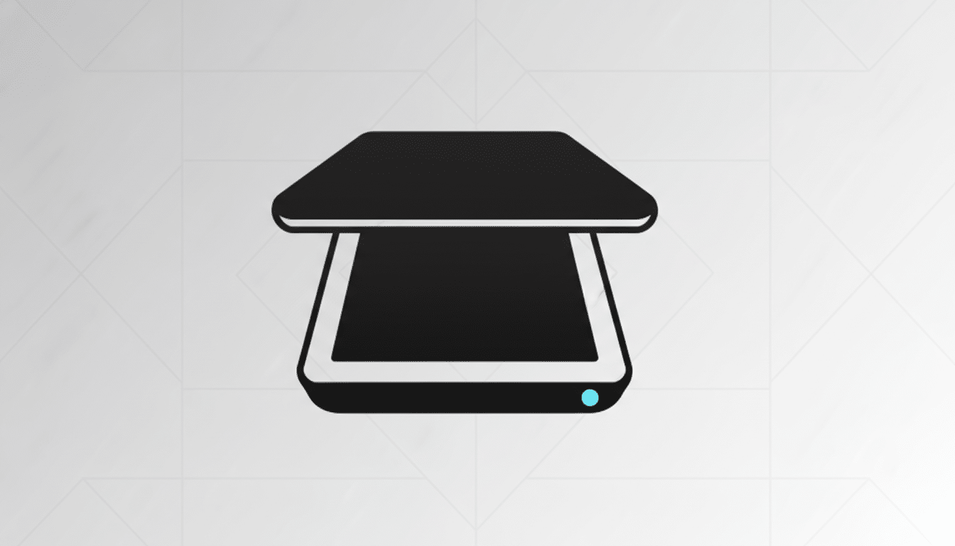 A black and white scanner icon with a blue light, set against a professional light gray background with subtle geometric patterns, resized to a 16:9 aspect ratio.