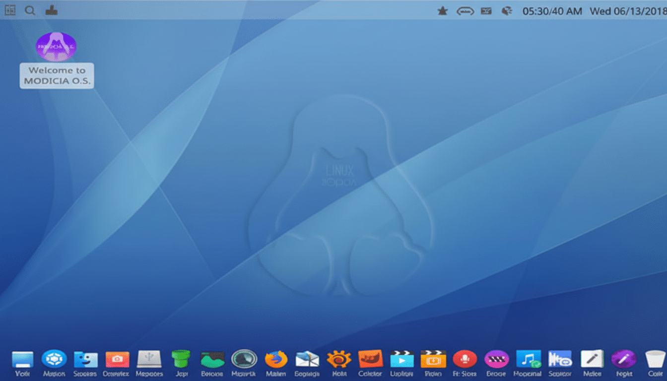 A desktop screenshot of the Modicia OS, featuring a blue background with a subtle wave pattern and the Linux Tux penguin logo. The dock at the bottom displays various application icons.