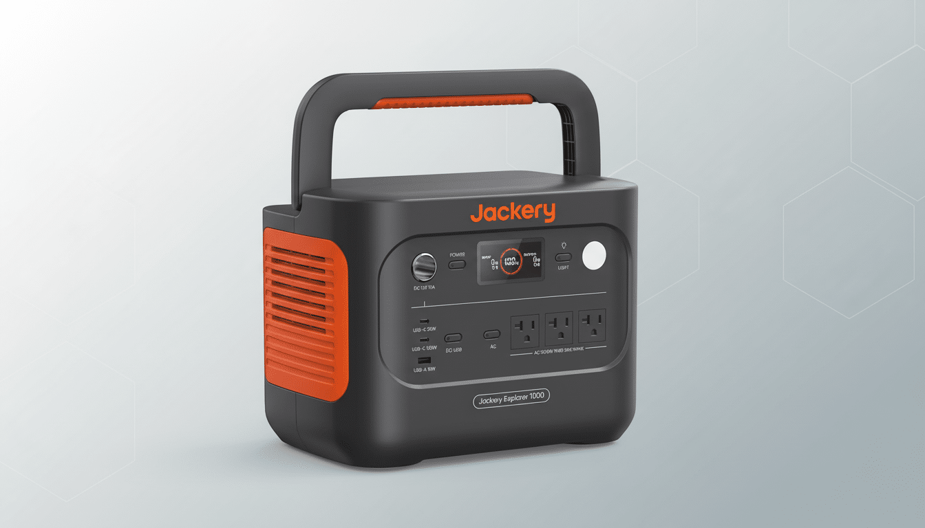 A Jackery Explorer 1000 portable power station, black with orange accents, set against a professional flat design background with soft geometric patterns.