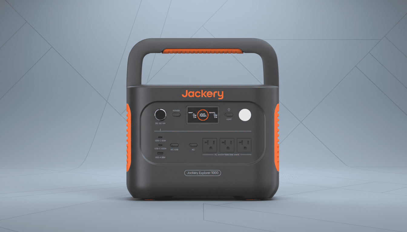 A Jackery Explorer 1000 portable power station, dark gray with orange accents, set against a professional light gray background with a subtle geometric pattern.