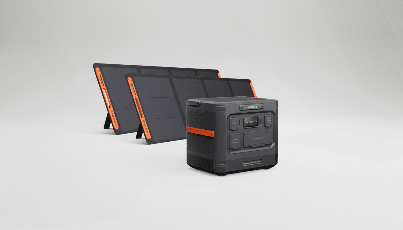 A Jackery Explorer 1000 Ultra portable power station and two Jackery SolarSaga solar panels are displayed on a clean, professional background with a subtle gradient.