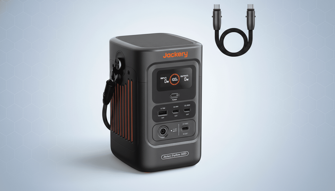 A Jackery Explorer 240D portable power station and a USB-C to USB-C cable are displayed on a professional flat design background with soft hexagonal patterns.