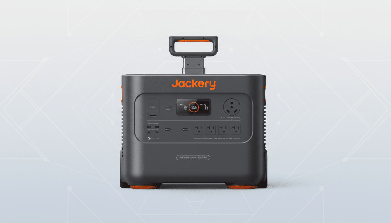 A Jackery Explorer 3000 Pro portable power station on a professional flat design background with soft patterns.