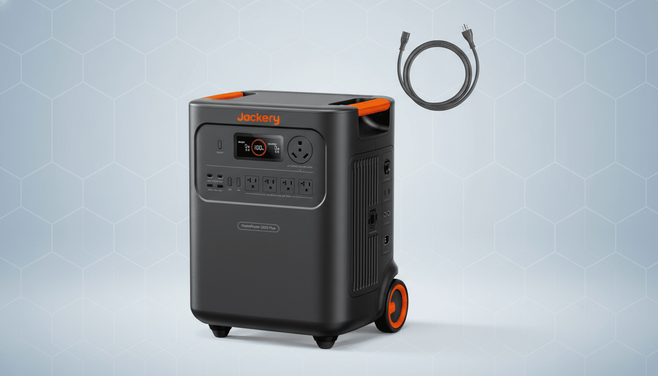 A Jackery HomePower 3000 Plus portable power station and a power cable, presented on a professional flat design background with soft patterns.