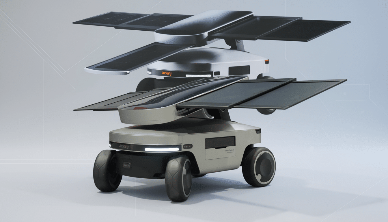 A Jackery solar-powered robot with deployable solar panels, presented against a clean, professional light gray background with subtle geometric patterns.