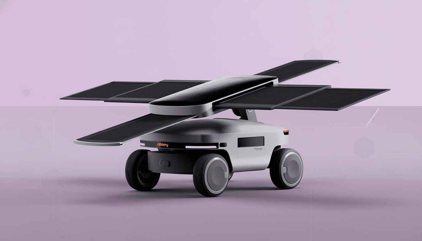 A white and black delivery robot with solar panels on top, set against a professional purple background with subtle hexagonal patterns.