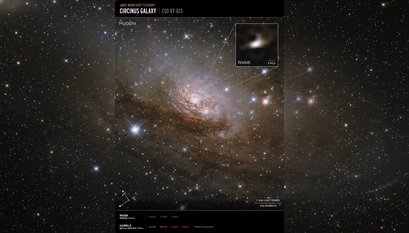 A wide-field image of the Circinus Galaxy, showing its spiral arms and bright core, with an inset comparing views from the Hubble and Webb telescopes.