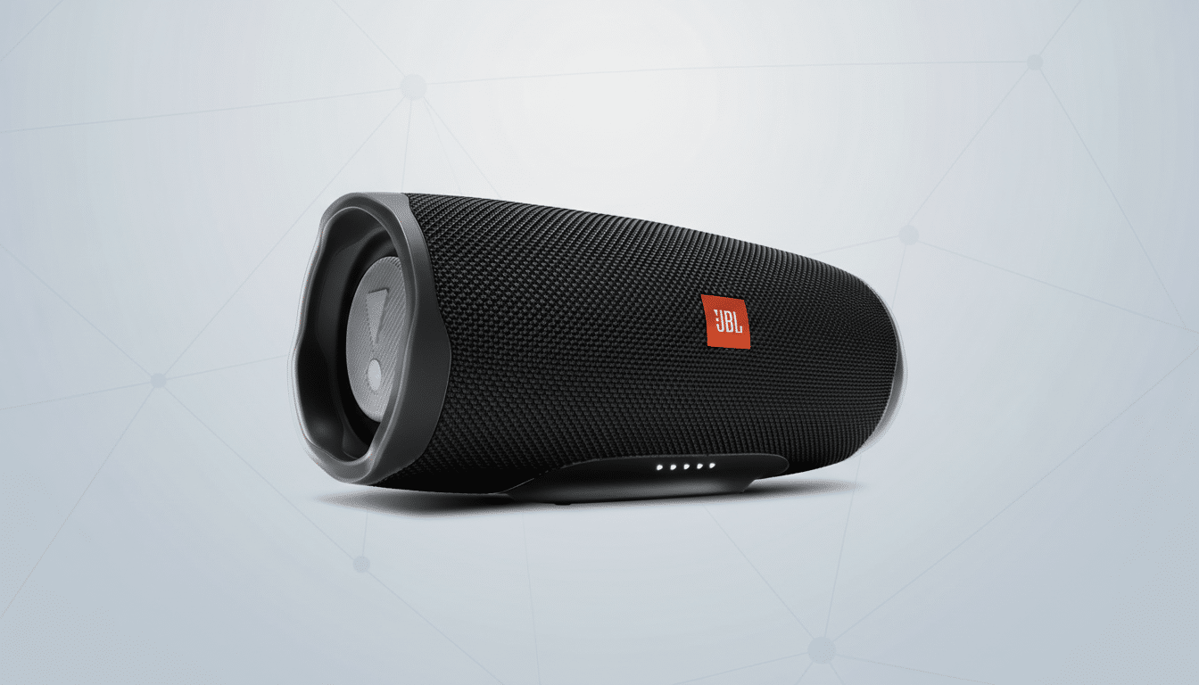 A black JBL Charge 4 portable Bluetooth speaker with an orange JBL logo, presented on a professional flat design background with soft patterns and gradients.