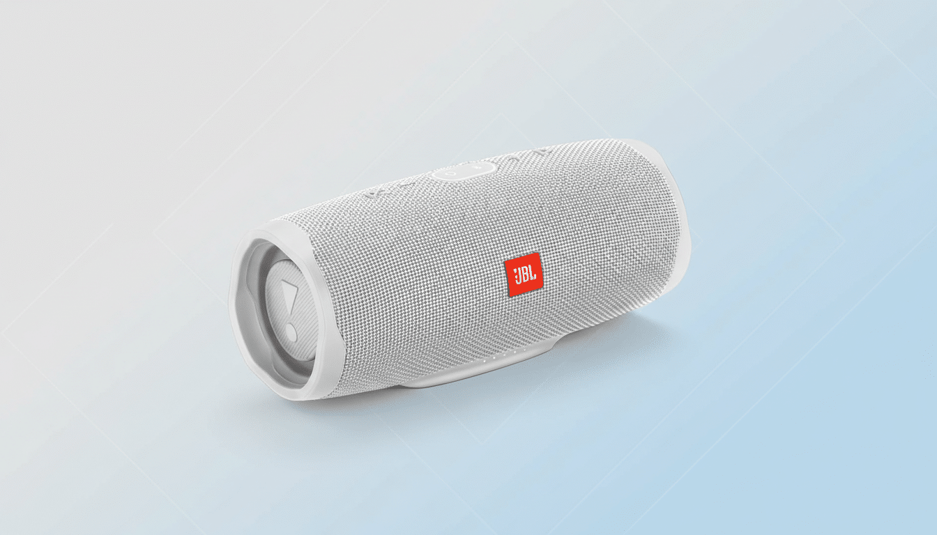 A white JBL Charge 5 portable Bluetooth speaker with a red JBL logo, presented on a professional light blue and white gradient background with subtle geometric patterns.