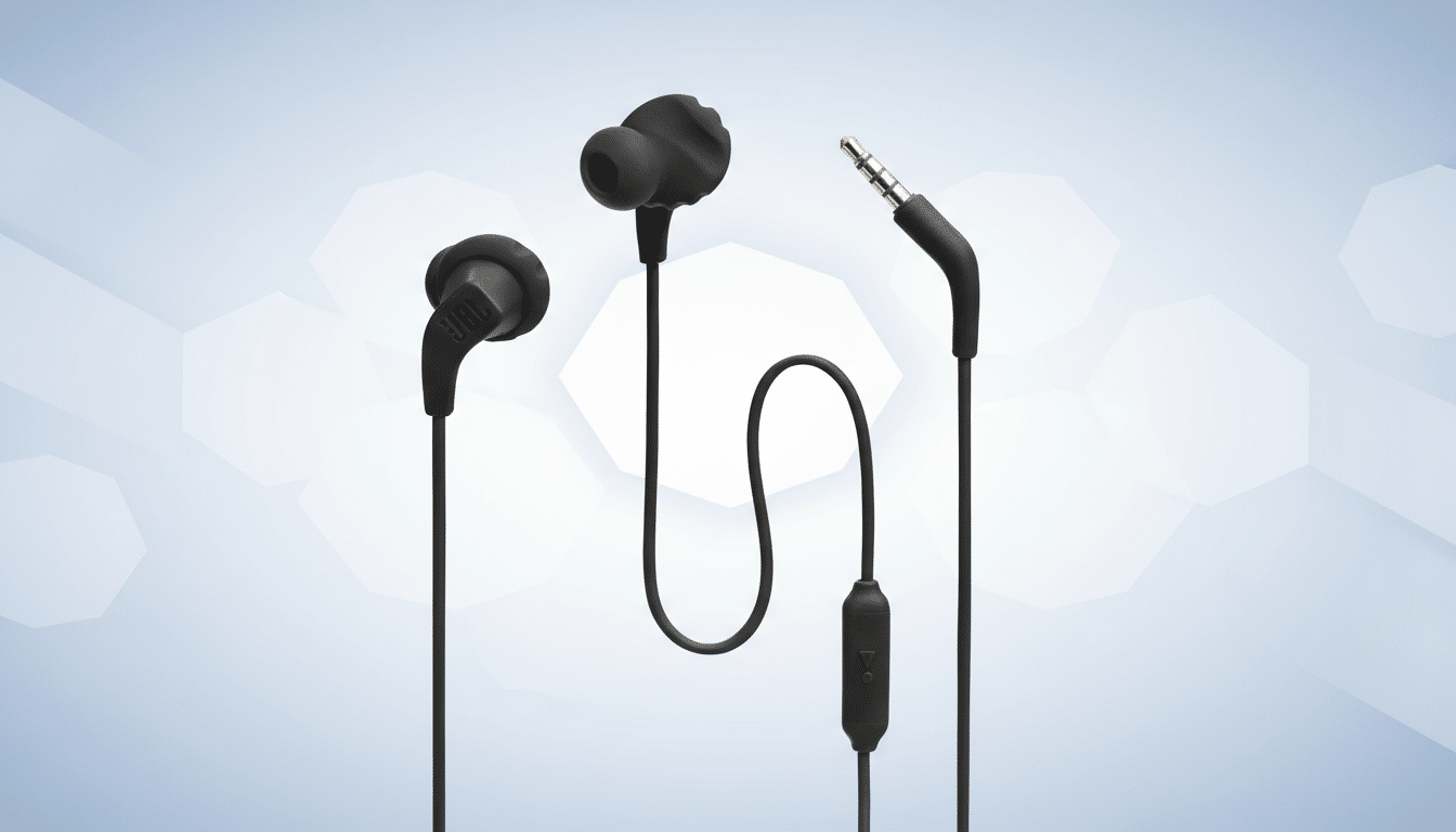 A pair of black JBL wired in-ear headphones with a 3.5mm jack and an in-line remote, presented on a light blue background with subtle geometric patterns.