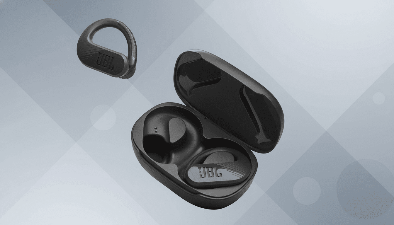 A pair of black JBL earbuds and their charging case are presented on a professional flat design background with soft patterns and gradients.