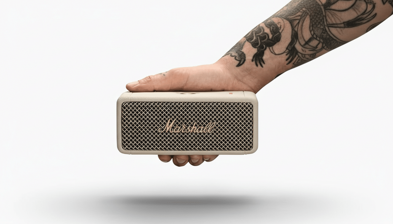 A hand with tattoos holding a cream-colored Marshall portable speaker with a gold logo, presented on a white background.