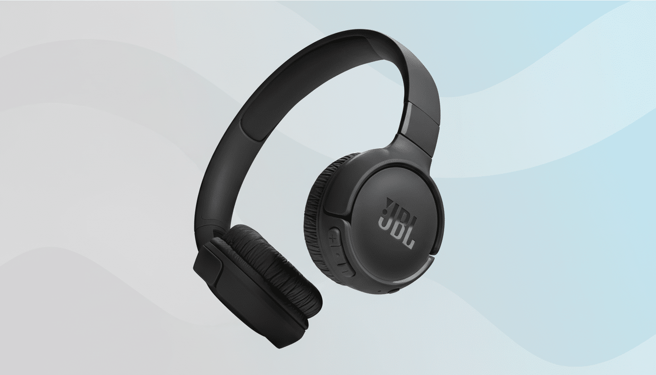 A pair of black JBL headphones on a professional flat design background with soft blue and white wave patterns.