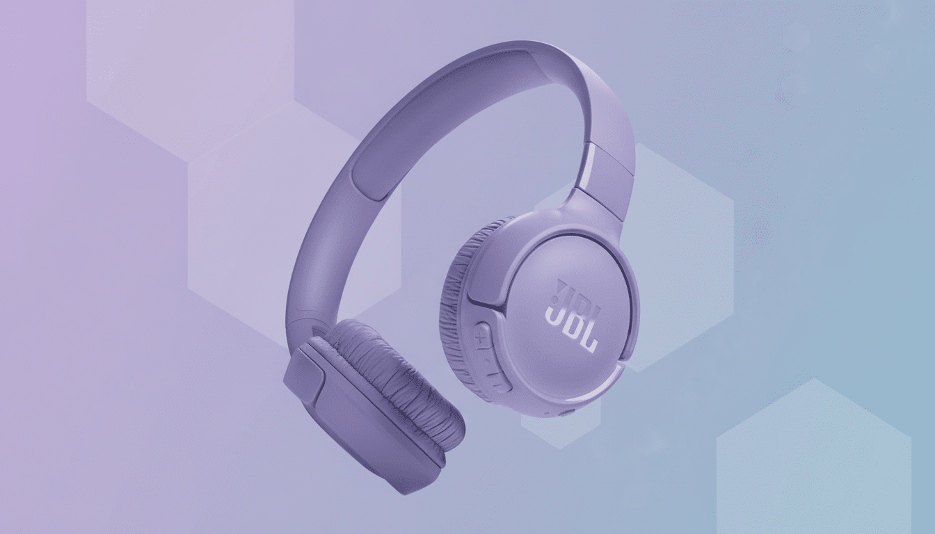 A pair of purple JBL headphones on a professional flat design background with soft patterns and gradients.