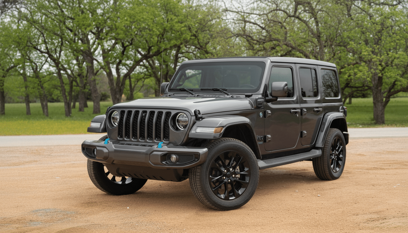 A gray Jeep Wrangler 4xe parked on a dirt road with trees in the background.