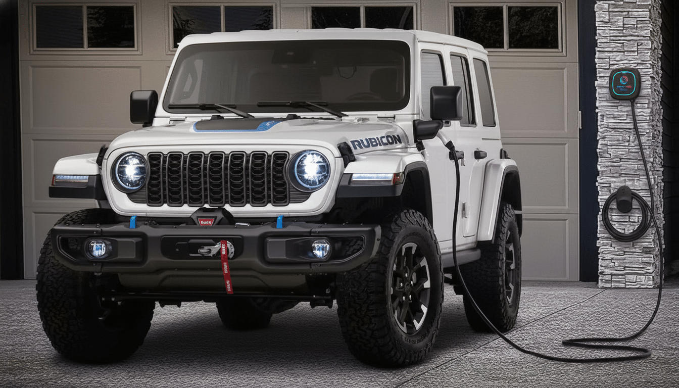 A white Jeep Rubicon 4xe is parked in front of a garage, plugged into an electric charger mounted on a stone pillar.