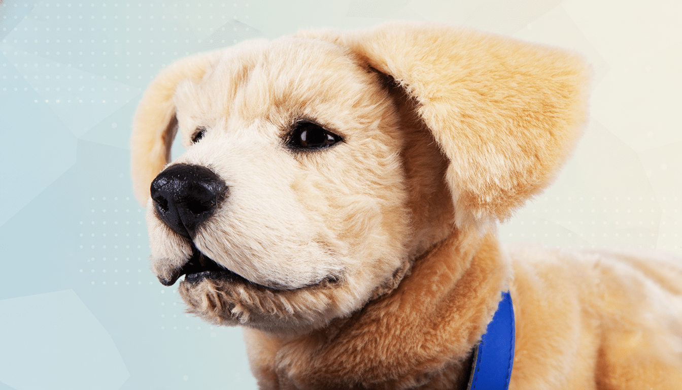 A plush golden retriever puppy toy with a blue collar, resized to a 16:9 aspect ratio with a professional flat design background featuring soft patterns and a gradient from light blue to light yellow.
