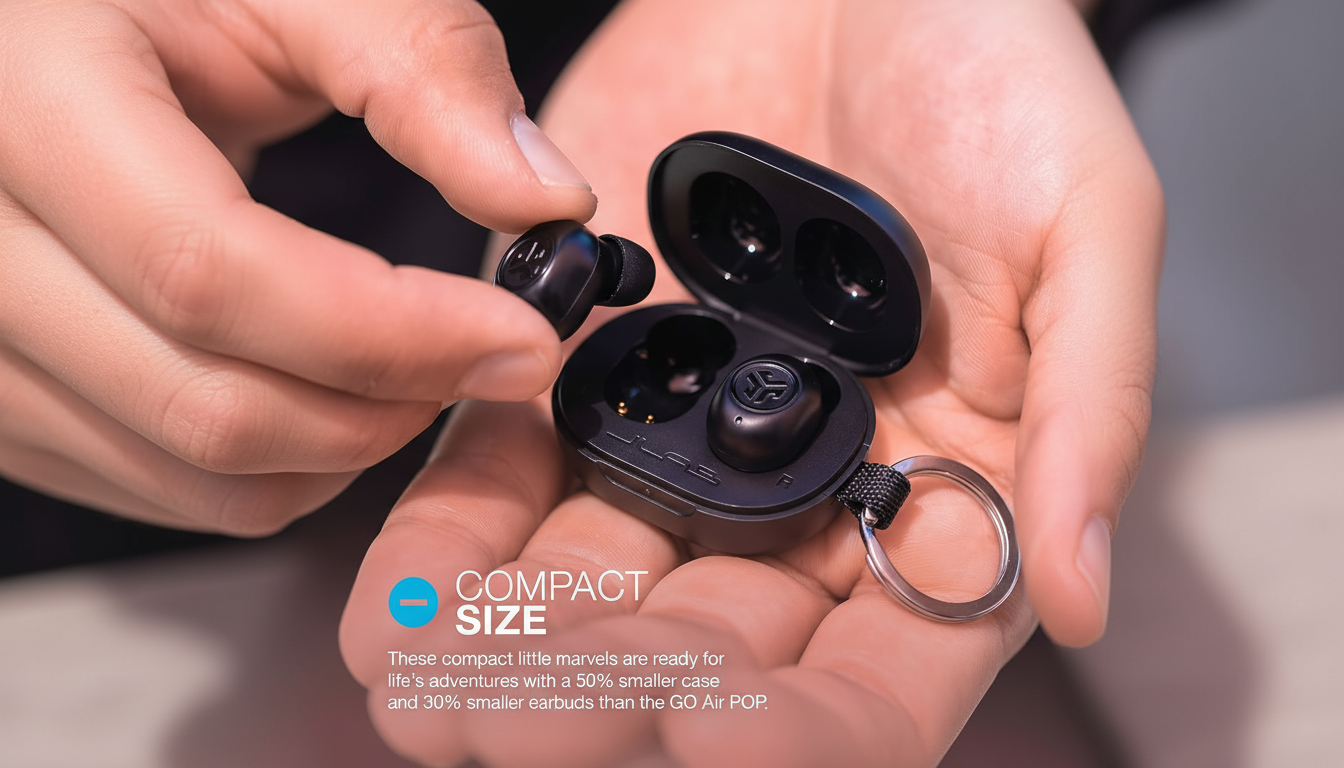 A persons hands holding a black open earbud case with one earbud being placed inside, and the other earbud already in its slot. The image is resized to a 16:9 aspect ratio, maintaining the original background and text overlay about COMPACT SIZE.