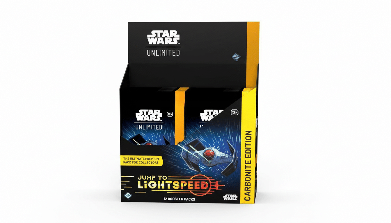 A display box for Star Wars Unlimited: Jump to Lightspeed Carbonite Edition booster packs, featuring a black and yellow design with a TIE fighter graphic, presented on a clean white background.