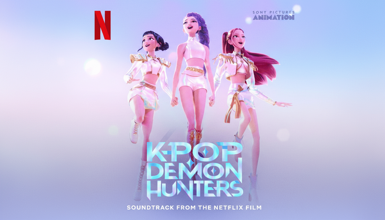 A promotional image for K-Pop Demon Hunters soundtrack, featuring three animated female characters in white and gold outfits, with the Netflix and Sony Pictures Animation logos, resized to a 16:9 aspect ratio.