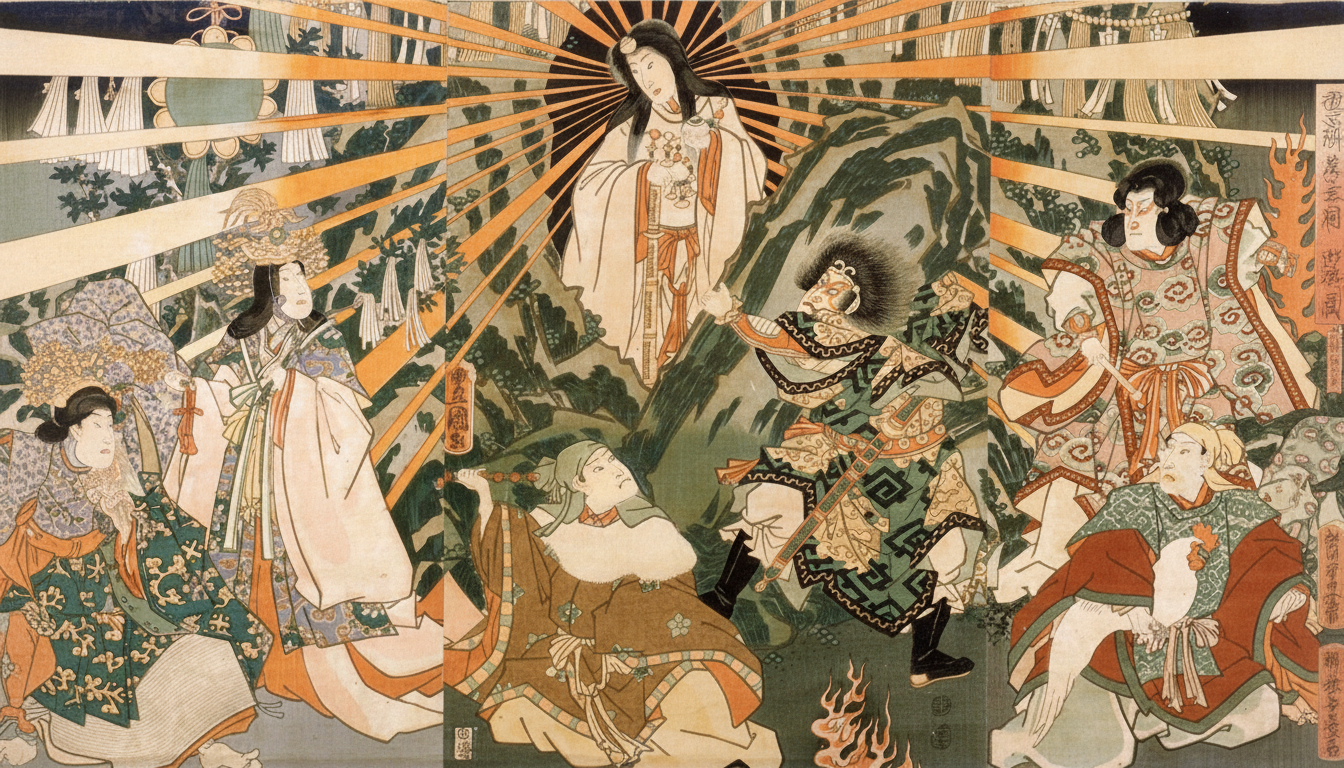 A Japanese woodblock print depicting a scene with multiple figures in traditional attire, some with elaborate headwear, surrounding a central figure who appears to be descending from a mountain or elevated position, with rays of light emanating from behind them.