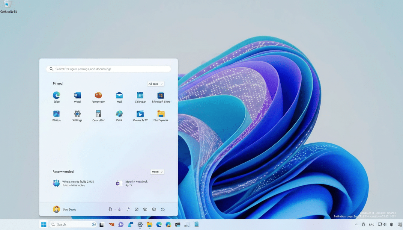 A screenshot of the Windows 11 desktop with the Start menu open, displaying pinned apps and recommended items against a blue and purple abstract wallpaper.