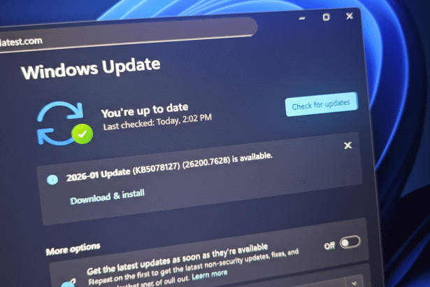 A screenshot of the Windows Update screen, showing that the system is up to date and a 2026-01 Update is available for download and install.