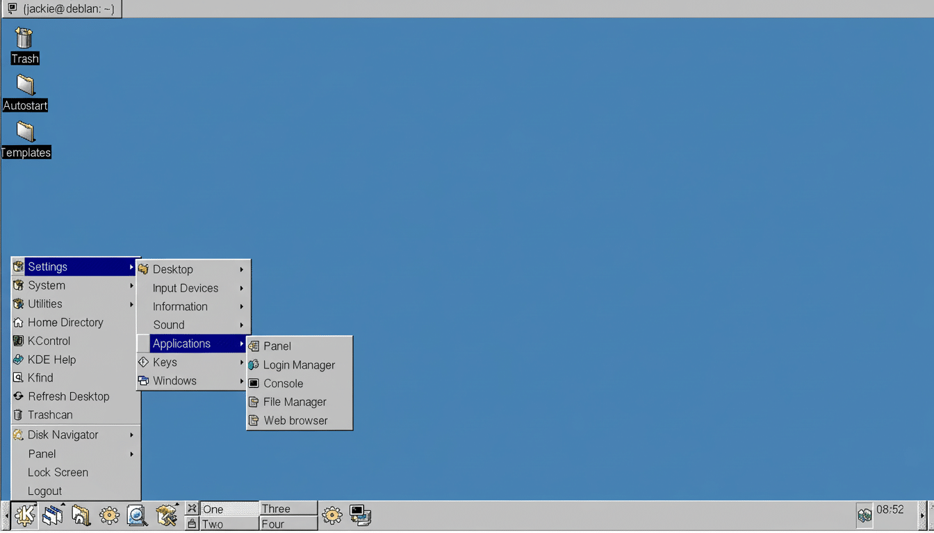 A screenshot of a classic KDE desktop environment with a blue background, showing the Settings menu open with Applications highlighted, and a sub-menu displaying options like Panel, Login Manager, and Web browser.
