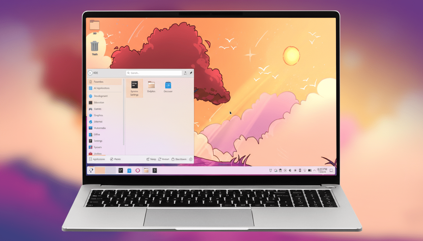 A laptop displaying a desktop environment with a colorful sunset wallpaper and an open application menu.
