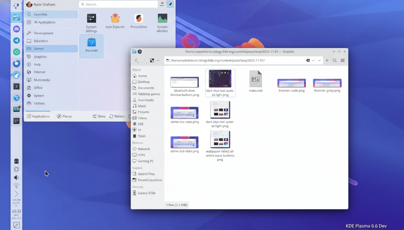 A screenshot of a desktop environment with two open windows, one showing a file explorer and the other a menu with application categories.