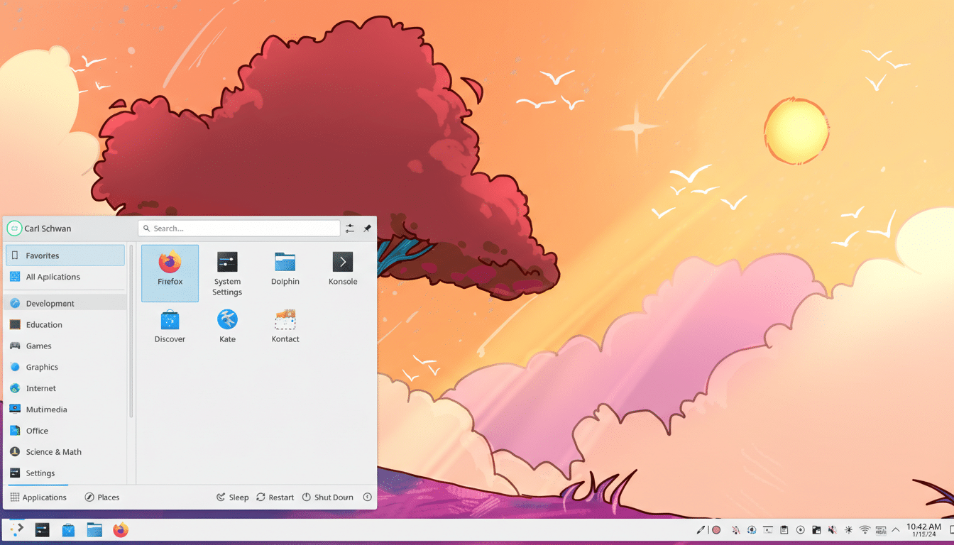 A desktop screenshot showing a Linux operating system with a colorful, stylized sunset background featuring a large red tree and birds flying. A menu is open on the left, displaying application categories and a search bar, with icons for Firefox, System Settings, Dolphin, Konsole, Discover, Kate, and Kontact visible. The taskbar at the bottom shows various icons and the time.