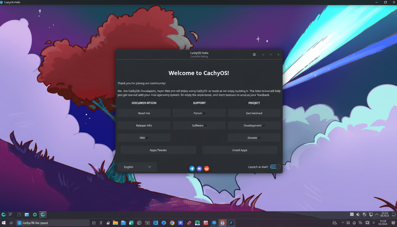 A screenshot of the CachyOS Hello welcome screen, displayed on a desktop with a colorful, stylized background featuring a large red tree and a bright blue sky.