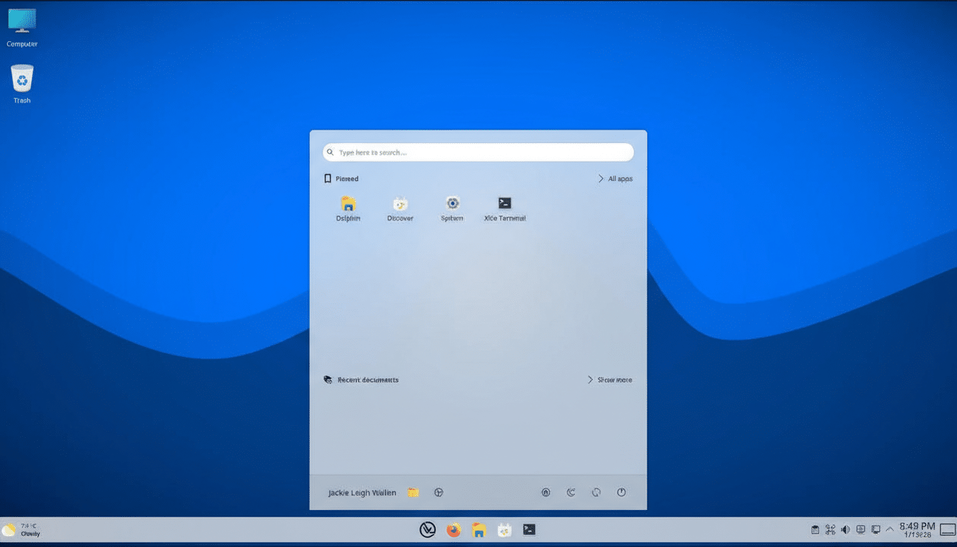 A desktop screenshot of a Linux operating system with a blue wave-patterned background, showing a search bar and pinned applications like Dolphin, Discover, System, and Xfce Terminal.