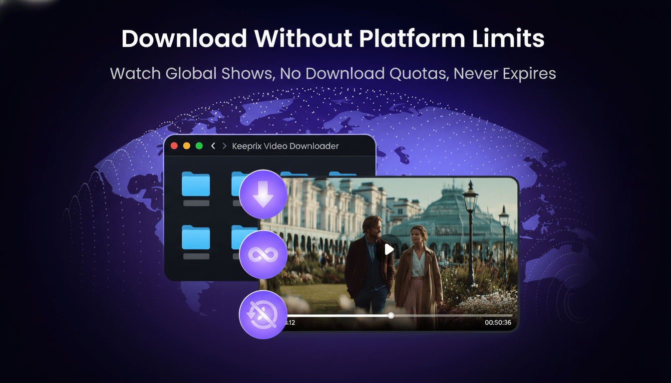 A screenshot of the Keeprix Video Downloader application, showing a video playing with download, unlimited, and no expiration icons overlaid. The background features a stylized world map.