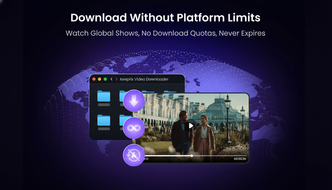 A screenshot of the Keeprix Video Downloader application showing a video playing with download, unlimited, and no-expiration icons overlaid. The background features a stylized world map.
