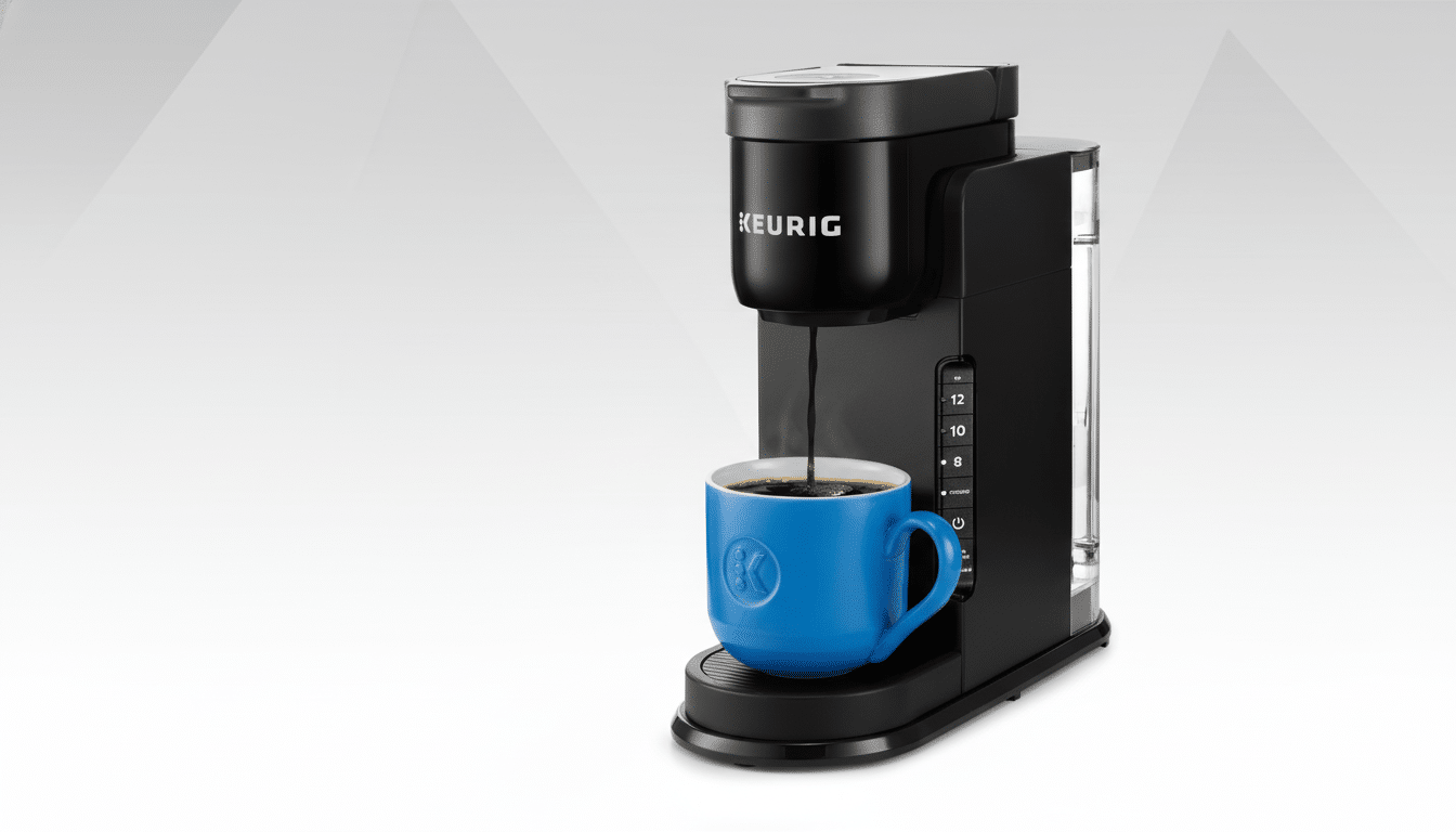 A black Keurig coffee maker brewing coffee into a blue mug, set against a professional flat design background with soft gray patterns.