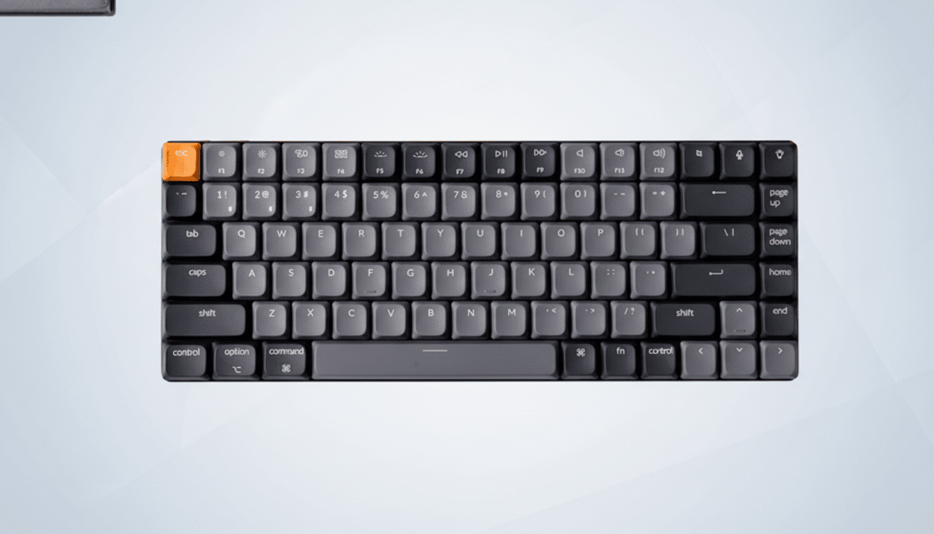 A professional, enhanced image of a dark gray mechanical keyboard with an orange esc key, set against a clean, light gray background with subtle geometric patterns, resized to a 16:9 aspect ratio.