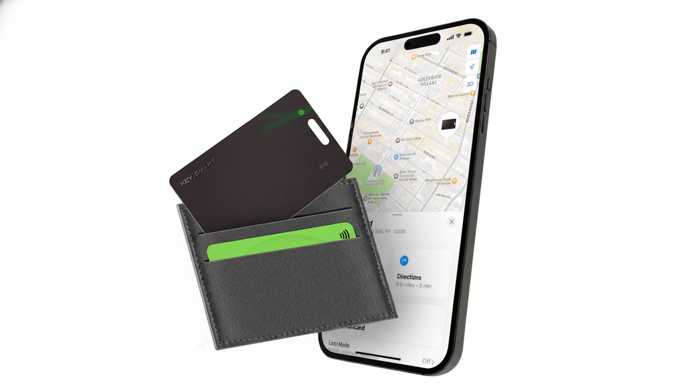 A black KeySmart card partially inserted into a gray card holder, with a green card visible inside, positioned next to an iPhone displaying a map of Greenwich Village and directions.