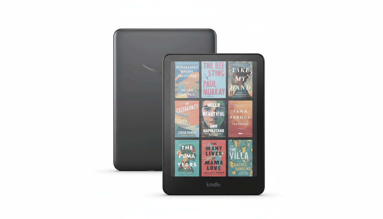 A black Kindle e-reader displaying nine book covers on its screen, with another black Kindle device standing behind it, all set against a clean white background.