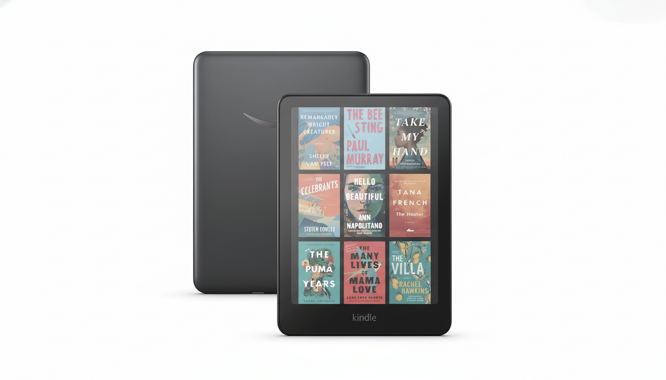 A black Kindle e-reader displaying a grid of colorful book covers, with another black Kindle device standing behind it, all against a clean white background.